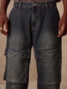 SUMWON 滑板款工装牛仔裤，拼接设计，阔腿，都市街头装，工作服，宽松版型，四季皆宜，做旧休闲裤 - 藍色 - 查看 7