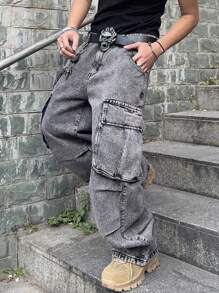 Manfinity EMRG Loose Fit Men's Flap Pocket & Side Panel Cargo Jeans (Without Belt) - Grey - View 3