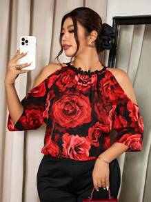 Elaquor Plus Size Boho Valentine's Day Elegant Rose Print Lace Trim Open Shoulder 3/4 Sleeve Blouse, For Summer - Red - View 6