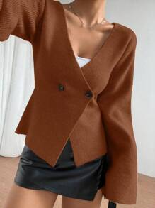 Flirla Women Button Front Long Sleeve Solid Top, Simple Casual Daily Wear - Brown - View 5