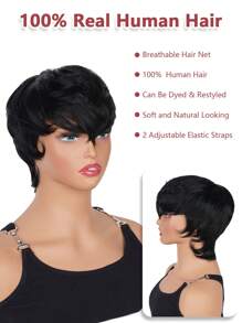 Pelucas cortas de cabello humano, peluca de corte Pixie con flequillo, peluca ondulada corta en capas de color negro - S1 - Ver 2