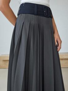 MOTF STUDIO COLORBLOCK PLEATED BELTED MIDI SKIRT