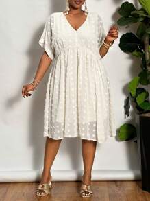 Slaydiva Plus Size Women Elegant Resort Jacquard Chiffon High Low Hem Dress - Suitable For Vacation - Apricot - View 4