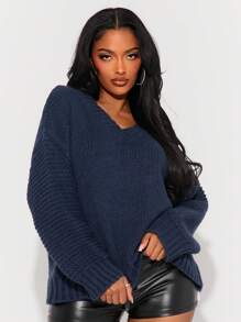 SHEIN SXY Loose Fit Long Sleeve Heart Pattern Casual/Date Night Sweater For Valentine's Day - Navy Blue - View 3