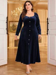 Modelyn Vestido largo elegante de unicolor con botones delanteros para tallas grandes, vestido de mujer maximalista para otoño/invierno
