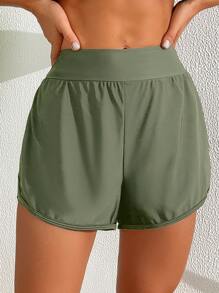 Swim Lushoire Shorts de playa de unicolor y diseño sencillo para uso diario en verano para mujer - Verde militar - Ver 5