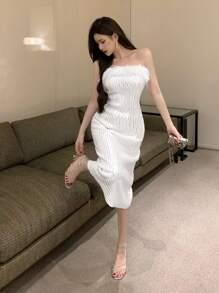 DAZY 女士缀饰毛绒拼接中长鸡尾酒连衣裙，春夏舞会礼服，返校节女士礼服，奢华亮片优雅女士连衣裙，新年晚礼服