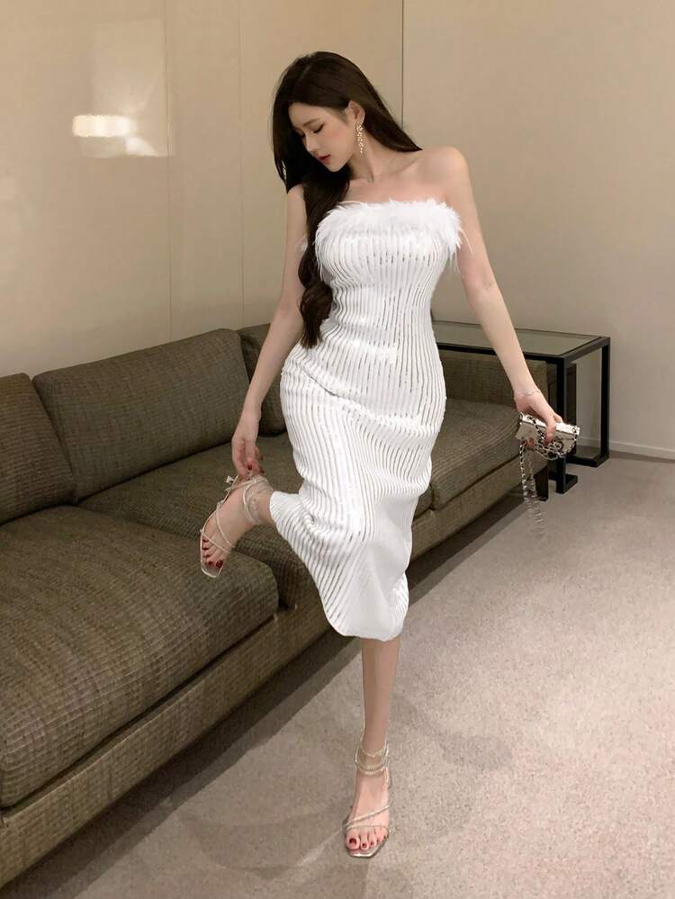 Women's Embellished Furry Patchwork Mid-Calf Cocktail Dress, Spring/Summer Prom Dress Party Women Homecoming Dresses Luxury Sequin Elegant Women Dresses New Year Eve Dress Sparkly Dress