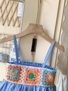 SHEIN Young Girls' French Elegant Blue Crochet Floral Slip Dress, Spring/Summer - Blue - View 5