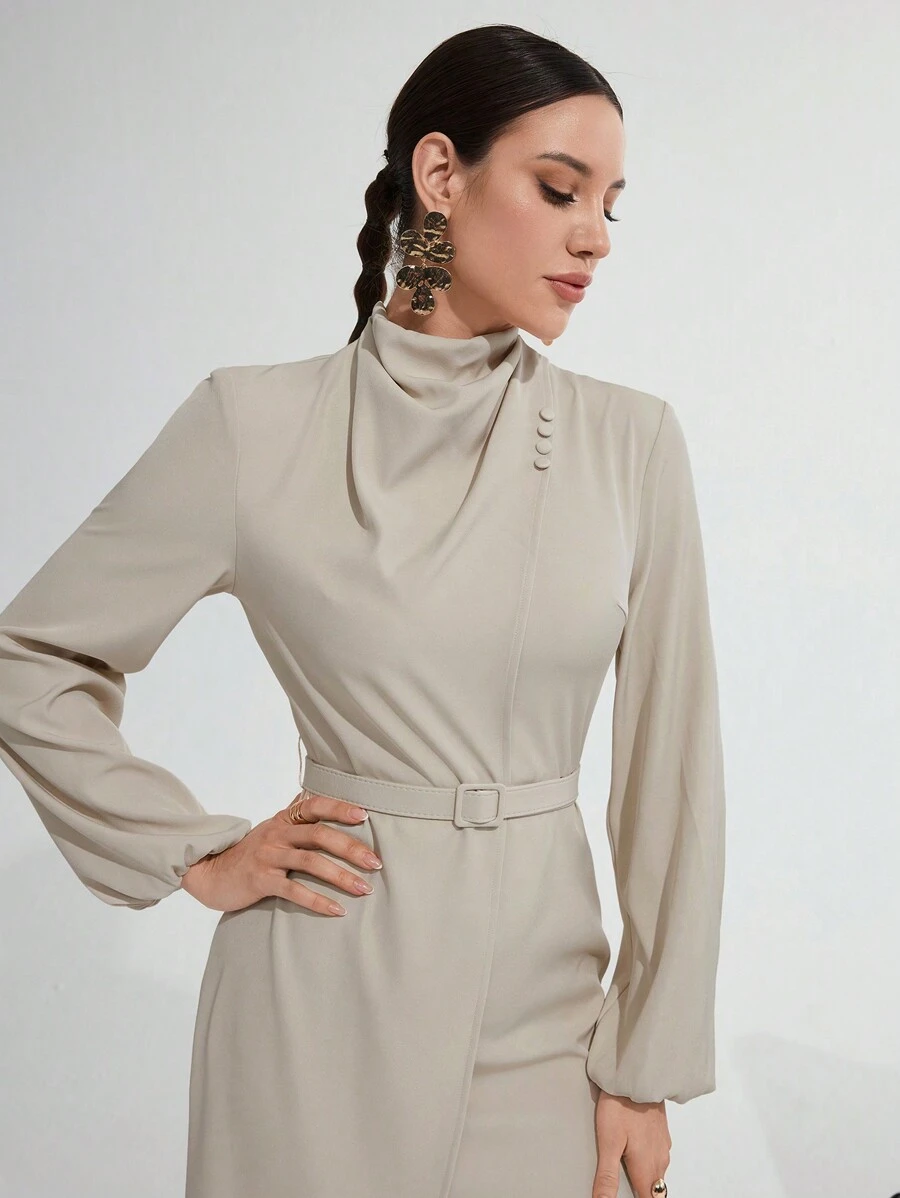 Modelyn Ladies' Solid Color Turtleneck Lantern Sleeve Elegant Arabian Dress - Khaki - View 1