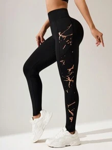 Easithlete Women High Waist Solid Color Patchwork Slim Fit Leggings - Black - View 5