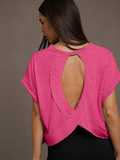 SHEIN Essnce Women's Solid Color Batwing Sleeve Hollow Out Back T-Shirt