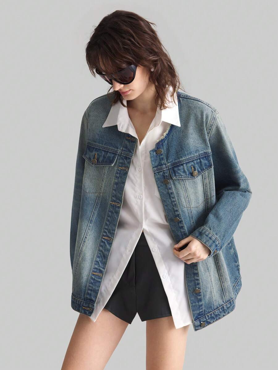 Ontre 女式前扣长袖口袋简约休闲牛仔夹克 - 藍色 - 查看 1