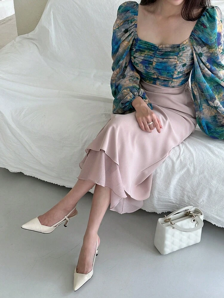 Women's Floral Print Square Neck Stretchy Tight-Fitting Puff Sleeve Blouse, Spring, Summer, Autumn Long Sleeve Vacation Women Boho