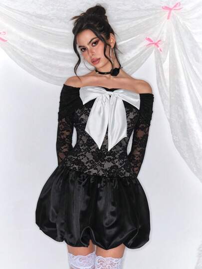 Kawaii Valentine's Day Sweet Cute Bow Decor Off Shoulder Peplum Lace Mini Dress For Women