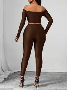 SHEIN Slayr Ensemble de 2 pièces femme: Top à épaules dénudées manches longues de couleur unie et pantalon skinny, style casual