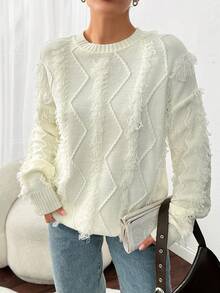 EURMUSE Suéter informal de mujer oversize con detalles de flecos para invierno - Blanco - Ver 4