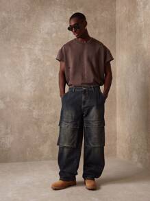 SUMWON 滑板款工装牛仔裤，拼接设计，阔腿，都市街头装，工作服，宽松版型，四季皆宜，做旧休闲裤 - 藍色 - 查看 8