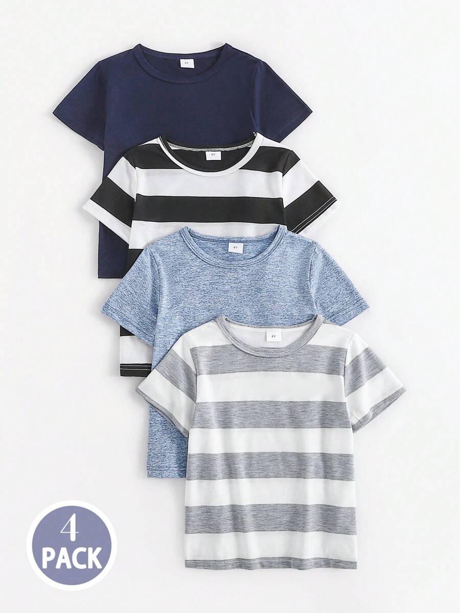 4pcs Young Boys Toddler Plain & Striped Crew Neck Short Sleeve T-Shirts, Casual & All-Match, Perfect For Pairing With Jeans, Shorts, Trousers, Soft & Comfortable, New Summer Collection - Multicolor - View 1