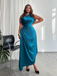 Firerie Women Plus Size Elegant Holiday Beach Asymmetrical Neck Tropical Chic Afternoon Tea Party High-End Venue Concert Dinner Asymmetric Pleated Hollow Out Waist Satin Long Dress