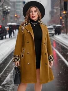 SHEIN Clasi 1 件女式加大码豹纹拼布双排扣口袋长袖夹克，优雅大方，秋冬