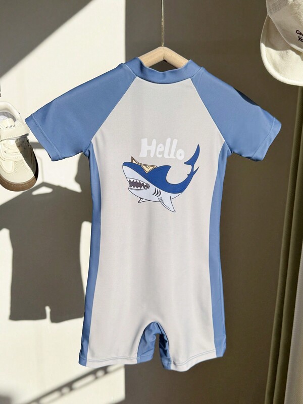 SHEIN 1pc Young Boys Casual, School, Fashionable, Practical, Cute, Soft And Comfortable Whale Print Breathable Romper Swimsuit, Suitable For Vacation Wear In Spring/Summer