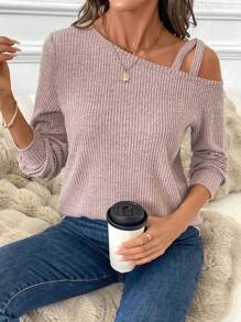 SHEIN LUNE Plus Size Women's Dusty Pink Autumn Asymmetric Neckline Ribbed T-Shirt,Smart Casual Everyday Elegant Pullover, Valentine's Day Warm Top - Dusty Pink - View 5