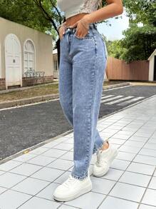 SHEIN PETITE 娇小款女士休闲修身锥形七分牛仔裤，蓝色低腰宽松牛仔裤，喇叭裤型女式牛仔裤，娇小款女式牛仔裤，秋季女装 - 淺色水洗藍 - 查看 6