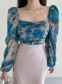 DAZY Women's Floral Print Square Neck Collar Stretchy Tight-Fitting Puff Sleeve Blouse, Green, Spring/Summer/Autumn Long Sleeve Vacation Outfits Women - Green - View 4