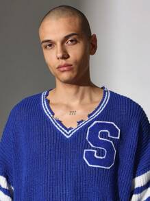 SUMWON Premium Varsity Letter V-Neck Sweater College Style Distressed Knit Pullover Casual Wear Winter Fall Fashion Loose Fit Ribbed Trim Oversized S Letter - Blue - View 4