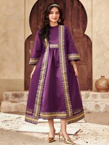 SHEIN 少女紫色和深紫色缎面金色宫廷图案印花网眼长袖超长开衫连衣裙，优雅优雅宫廷公主裙，2 件套，适合开斋节、建国纪念日 - 紫色 - 查看 5