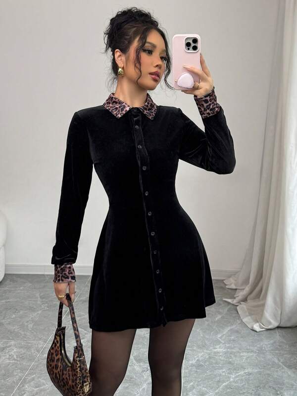 Elenzga Vestido holgado y elegante de estilo minimalista romántico de terciopelo negro con estampado de leopardo para mujeres