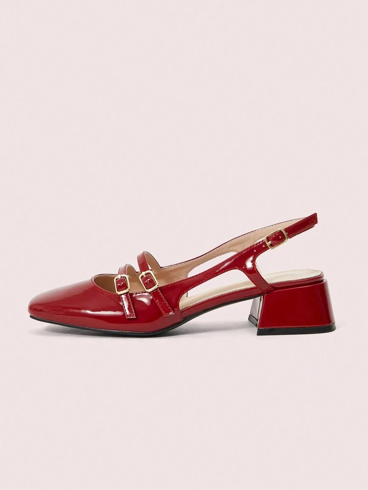 CUCCOO DOLLMOD Zapatos de mujer con doble hebilla, diseño hueco, punta cuadrada, tacones gruesos, tacones medios, tacones bajos, estilo princesa dulce y universitario, romántico, unicolor liso rojo de recubierto sin respaldo con tacones altos, estilo universitario, zapatos de baile, vuelta al colegio, fiesta, estilo japonés lindo para el Día de San Valentín