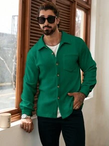 Manfinity Homme Men's Solid Color Button Front Long Sleeve Pocket Casual Shacket,Fall Men Clothes,Beige Flannel Thermal Shacket - Dark Green - View 6