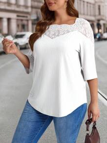 EMERY ROSE Plus Size Women's Teacher Clothes Loose Fit Mesh Patchwork 3/4 Sleeve T-Shirt, Spring/Summer