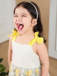SHEIN Baby Girl Solid Color Patchwork Lace-Up Casual Dress - Yellow - View 4