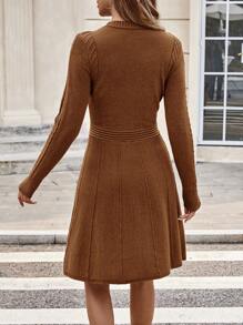 EMERY ROSE Women Long Sleeve Round Neck Textured Knit Sweater Dress - Coffee Brown - View 2