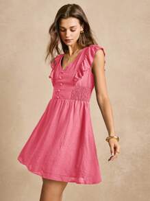 SHEIN Frenchy 女士 V 领褶皱简约休闲短裙 - 粉色 - 查看 2