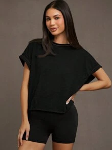 SHEIN Essnce Cut Out Back Crop Tee - Black - View 2