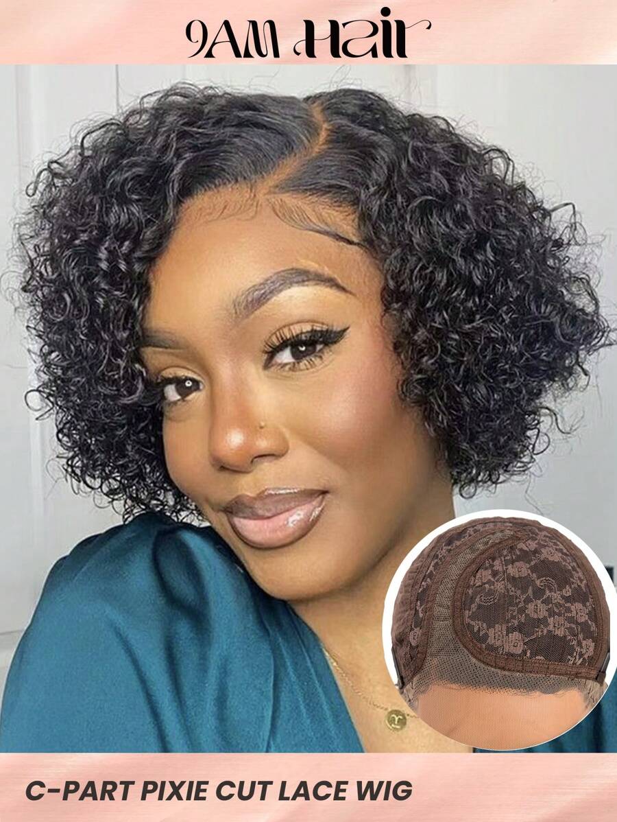 Transparent Lace Water Wave C-Part Side Part Pixie Cut Human Hair Wigs Short Curly Natural Black Color Lace Frontal Wig Pre Plucked For - Natural Black - View 1