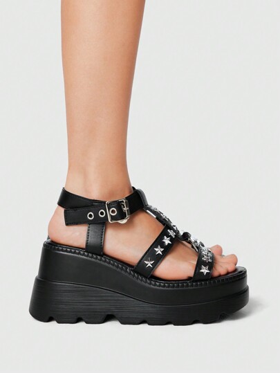 Grunge Punk Sandalias góticas romanas de mujer con hebilla con estrella, de estilo punk rock, de color negro, con plataforma y cuña, para uso en la playa durante el verano, y también adecuadas para la primavera, la Semana Santa y Halloween