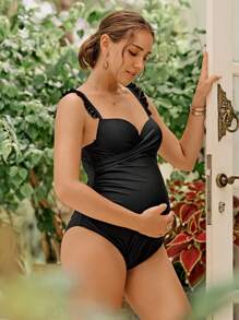 SHEIN Maternity One-Piece Retro Polka Dot Underwire Cup Bra, Elegant For Summer Beach Vacation