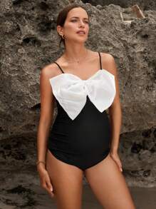 SHEIN Maternity One-Piece Black & White Color Block Oversized Bow Summer - Black and White - View 3