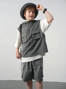 SHEIN 3pcs Tween Boy Casual Vest, Short Sleeve T-Shirt And Shorts Set