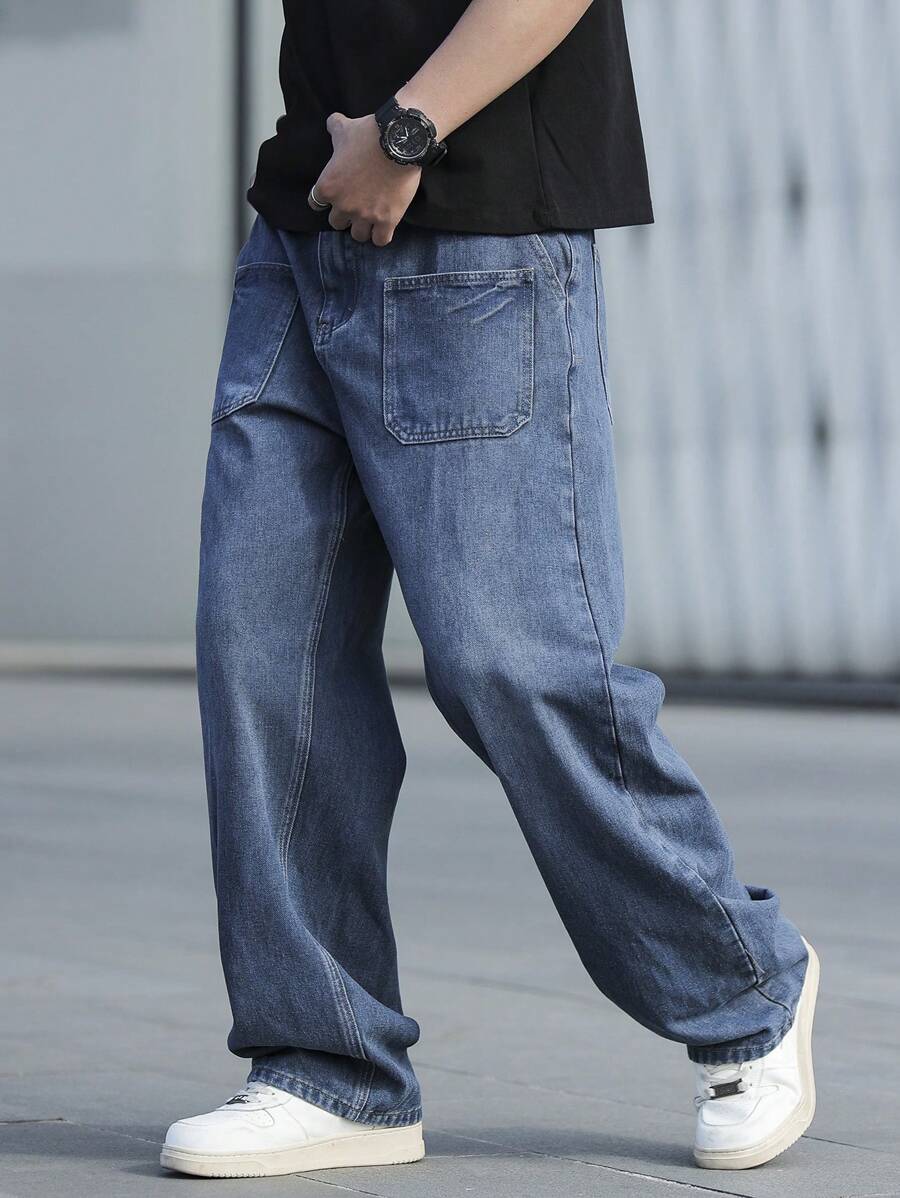 Claim Dot Men's Casual Straight-Leg Washed Denim Jeans - Blue - View 1