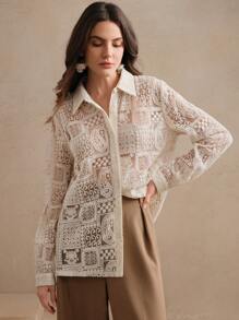 Anewsta New Women Elegant Ivory Lace Embroidery Jacquard Blouse, Spring - Apricot - View 6
