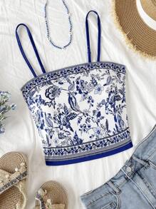 Soleia 女式复古蓝白图案短款吊带背心度假上衣、短款上衣、女士度假上衣、背心、女士西部装、女士夏季上衣、背心、情人节、狂欢节