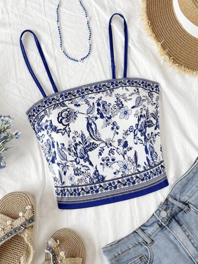 Soleia Women's Vintage Blue & White Pattern Cut-Short Camisole Vacation Tops,Crop Top,Vacation Top Woman,Tank Top,Western Wear Women,Summer Top For Women,Tank Top,Valentine's Day,Mardi Gras