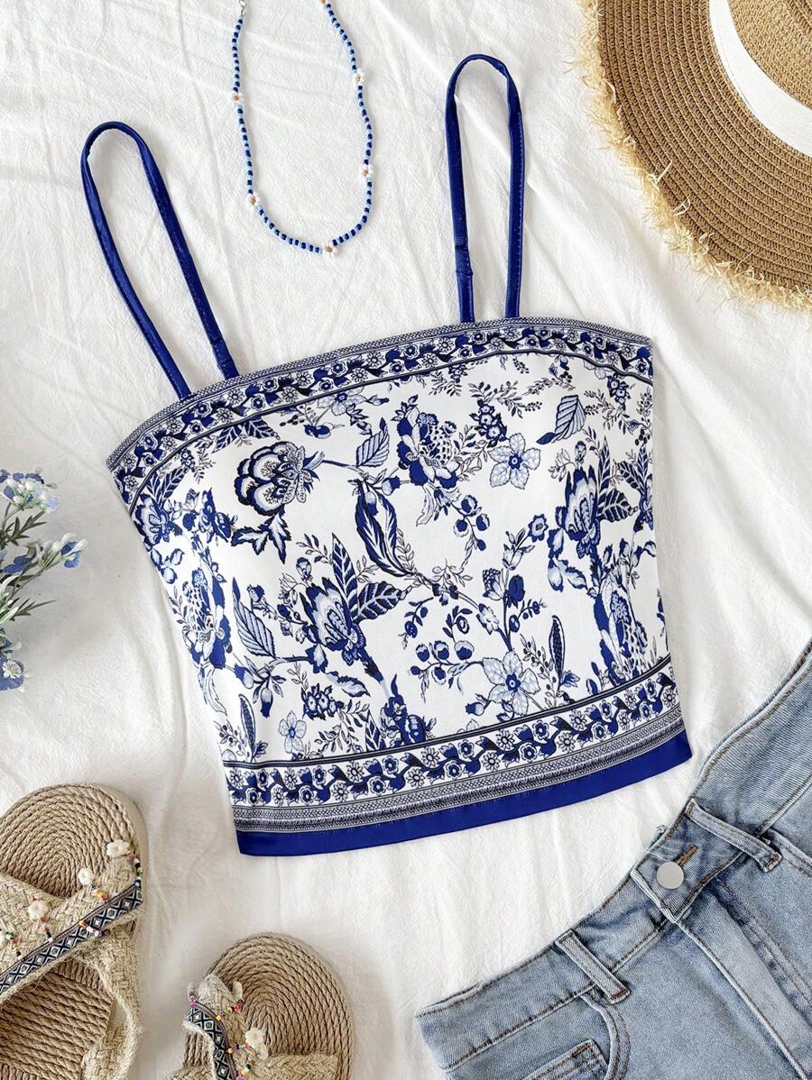 Soleia 女式复古蓝白图案短款吊带背心度假上衣、短款上衣、女士度假上衣、背心、女士西部装、女士夏季上衣、背心、情人节、狂欢节