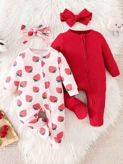 SHEIN 2 件套新生女婴粉色可爱草莓图案圆领长袖前拉链连脚连体衣，柔软舒适家居服，适合情人节